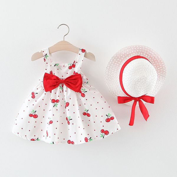 

2019 Summer Explosion Girls Dress Toddler Baby Kids Girls Sleeveless Cherry Dot Princess Dresses Bow Hat Outfits