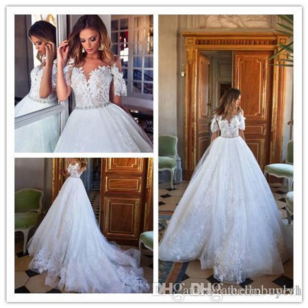 

белый a line милла нова кружева с плеча свадебные платья с бисером пояса 2019 новое прибытие свадебные платья, White