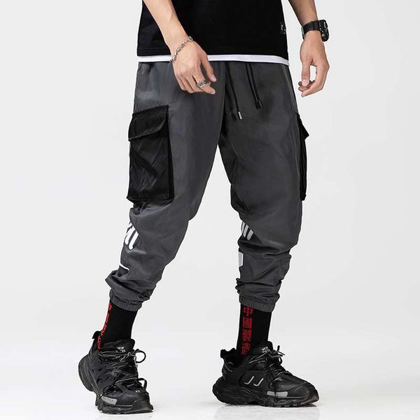 

pants men cargo patchwork color harem pants high steet casual drawstring big pockets joggers trousers sweatpants, Black