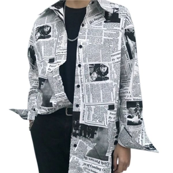 

casual mens long-sleeved shirt spring and autumn new printing newspaper slim shirt personality youth popular kemeja pria 50cs092, White;black