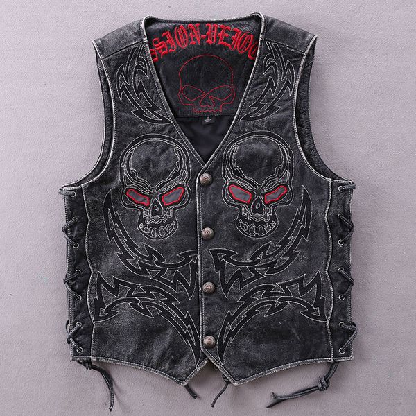 

locomotive genuine leather vest men cowhide heavy retro vintage skull slim fit youth leather vest sleeveless coat male, Black