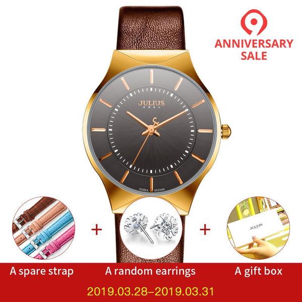 

julius ja-577 brown silver ultra-thin 9mm simple brand watch slender genuine cow leather japan quartz-watch 3atm waterproof hour, Slivery;brown