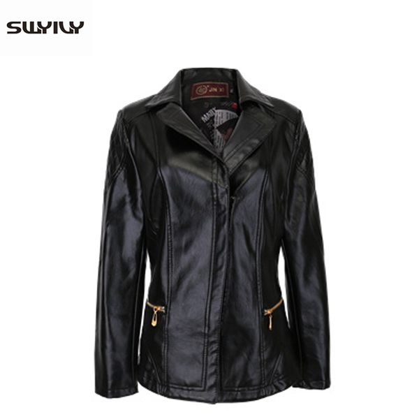 

swyivy women's simple slim jacket faux leather casual 2019 new autumn winter female outwear coat red woman leather jackets xxxxl, Black