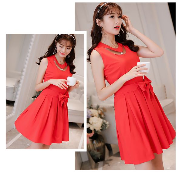 

watermelon red pure color backing sleeveless dress skirt, Black;gray