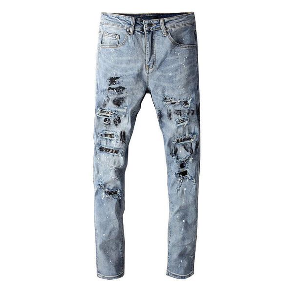 

mens ripped distressed jeans fashion designer rhinestone slim fit washed motocycle denim pants panelled hip hop biker trousers pn626, Blue