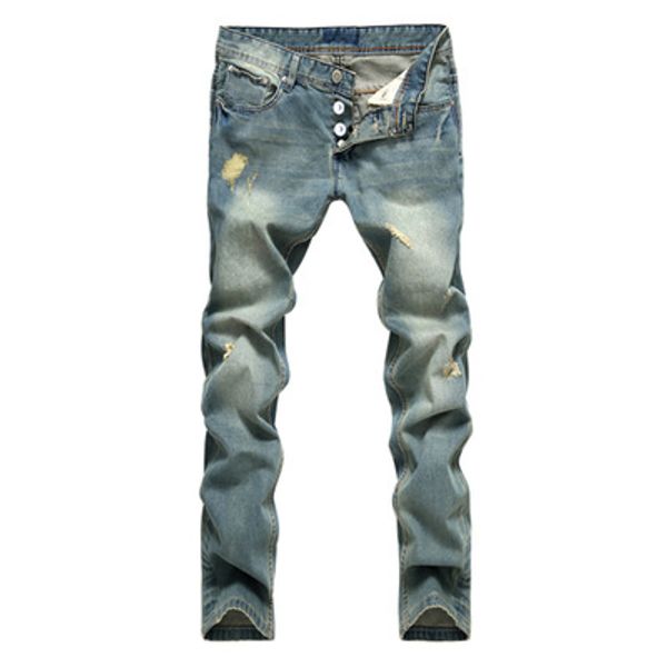

new fashionable jeans men's straight tube full cotton light color nostalgia classic button hole men's jean trousers sale, Blue