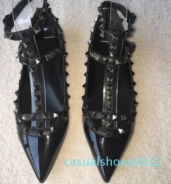 

2017 fashion women rivet shoes matte leather t strap pointed toe rock studded valentine women flats party dress shoes c12, Black