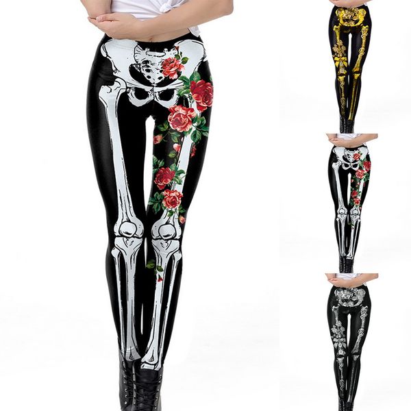 

women's new halloween new 3d skull print tight-fitting long legs bodybuilding ladies pants athleisure slim leggings, Black