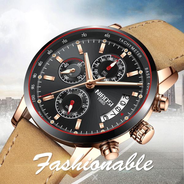 

nibosi men watches brand luxury male leather waterproof sport quartz chronograph military wrist watch clock relogio masculino, Slivery;brown