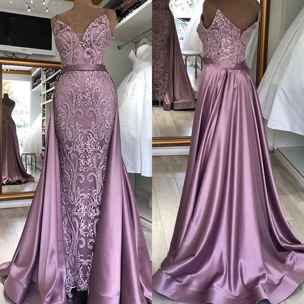 Vintage Robe De Soiree Meerjungfrau Lange Abendkleider 2020 Sirene Spaghetti Strap Abnehmbarer Schwanz Spitze Ärmellose Robe Longue Prom Kleider