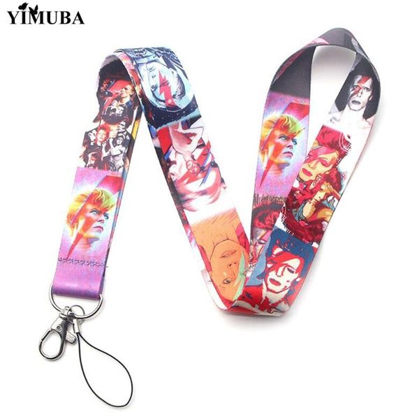 

yimuba vintage rock david bowie lanyard key chain aladdin sane hippie printed hang rope music artist phone neck straps, Silver