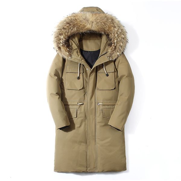 

down jacket men's winter new style mid-length national trends hooded workwear jacket men's large fur collar warm coat, Black