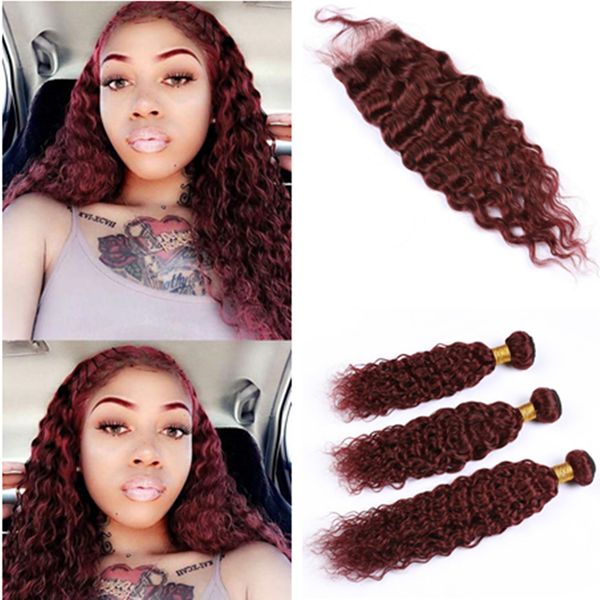 2019 Burgundy Red Water Wave Human Hair Lace Closure 4x4 With