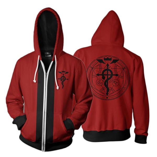 

3d printed hoodie anime fullmetal alchemist edward elric cosplay tracksuit zipper hooded jacket harajuku sweatshirt coat, Black