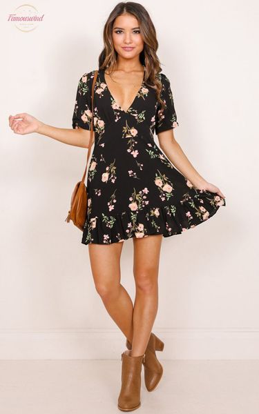 

new fashion womens boho floral chiffon summer party evening beach v neck short mini dress drop shipping, Black;gray