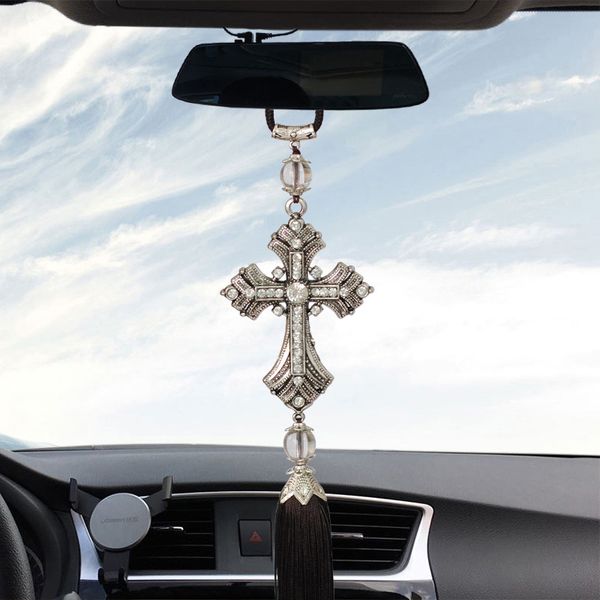 

metal crystal diamond cross jesus christian car rear view rearview mirror car pendant hanging styling accessories ornaments
