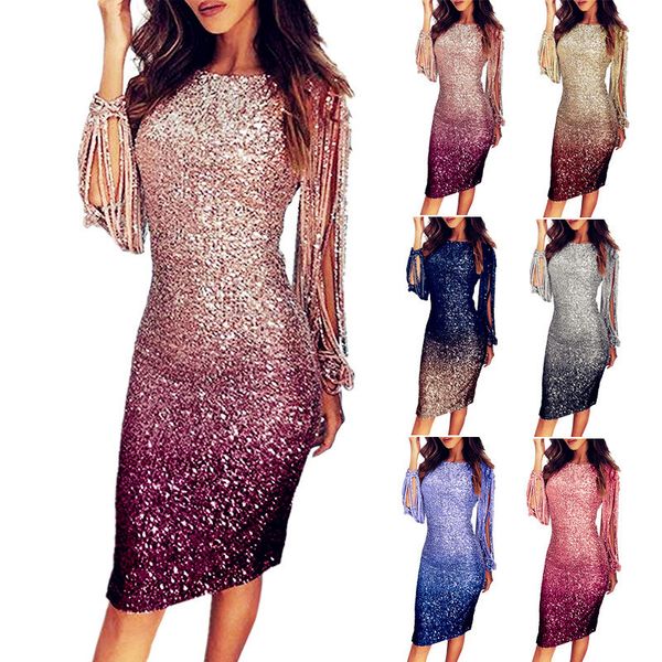 

women sequins elegant dress tassel spring summer boho party full long sleeve mini dress plus sizes dresses robe femme 2020, Black;gray
