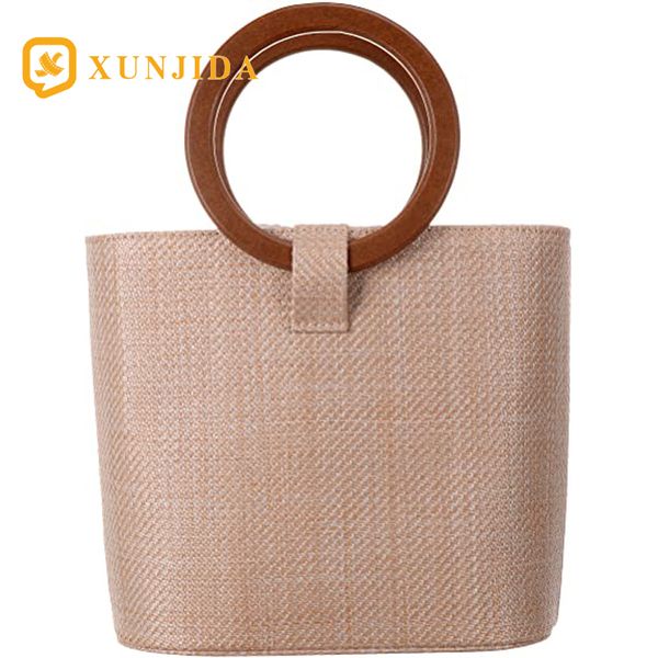 

xunjida new women's summer beach straw handbag casual satchel drawstring bag bohemian round woody handle tote bucket bag