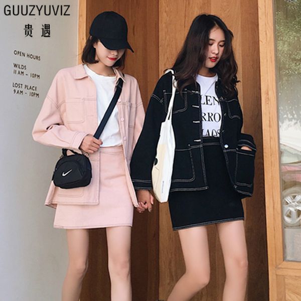 

guuzyuviz women denim suit pink black casual chic jeans jacket coat and high waist bodycon skirt womens 2 piece set 2018 winter, Gray