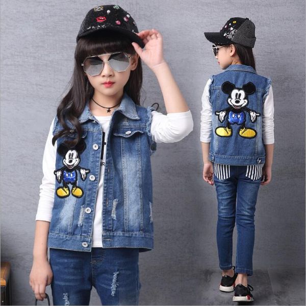 

baby girls jeans vest sleeveless jacket cartoon button pockets turn-down collar button vest fashion spring kids boys clothing, Blue