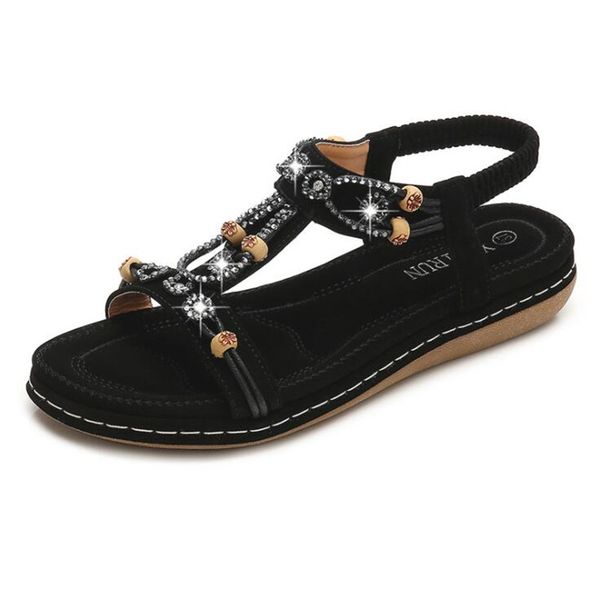 

2019 new women's shoes summer sweet beaded flowers flat shoes beautiful rhinestone casual woman comfortable sandals q789, Black