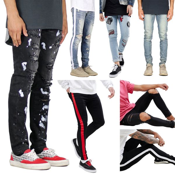 

new fashion men skinny jeans fayed jeans denim pant long trouser destroyed casual pant stretchy ripped, Blue