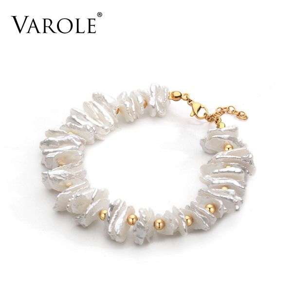 

varole 7in handmade natural shell pearl bracelets & bangles for women accessories stainless steel clasp beaded strand bracelet, Golden;silver