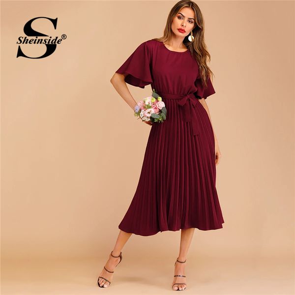 

sheinside бургундия кнопка кихол плиссе подпоясанного платье волан рукав женщина 2019 весна платья элегантного твердые дамы платье, Black;pink
