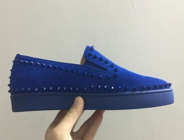 

2019 [original box] france desingers party shoes blue/black crystals nails spikes red bottom sneakers suede leather 4 seaons wear, 36-46 s02