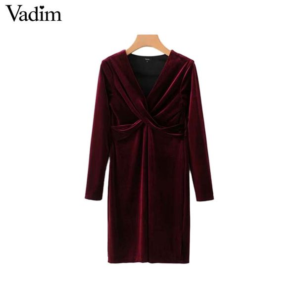 

vadim women v neck velvet dress pleated cross design vintage long sleeve stretchy female casual slim dresses vestidos qa705, Black;gray