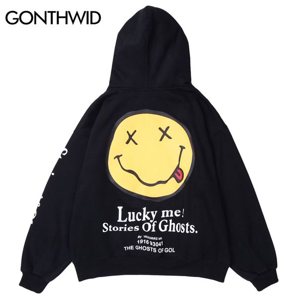 

lucky me smile face print fleece hooded sweatshirts hoodies harajuku fashion casual pullover streetwear hip hop, Black
