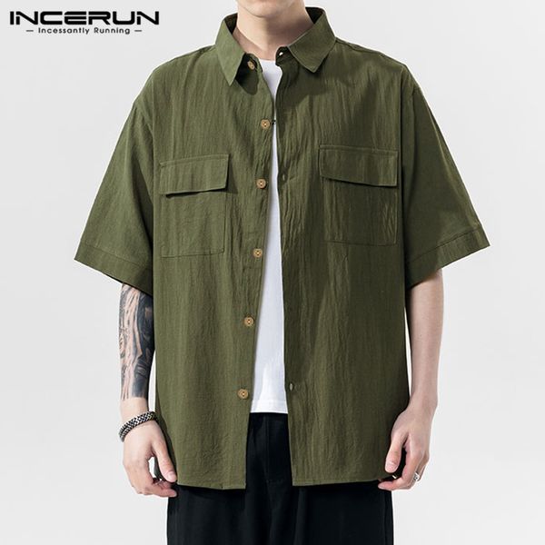 

incerun cotton shirt men short sleeve streetwear lapel loose pockets camisa 2020 japanese solid color mens cargo shirts harajuku, White;black