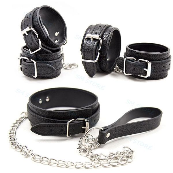 Bondage Black Leather Slave Handcuffs Tornozelos restrições colarinho de pescoço com coleira de corrente #R56