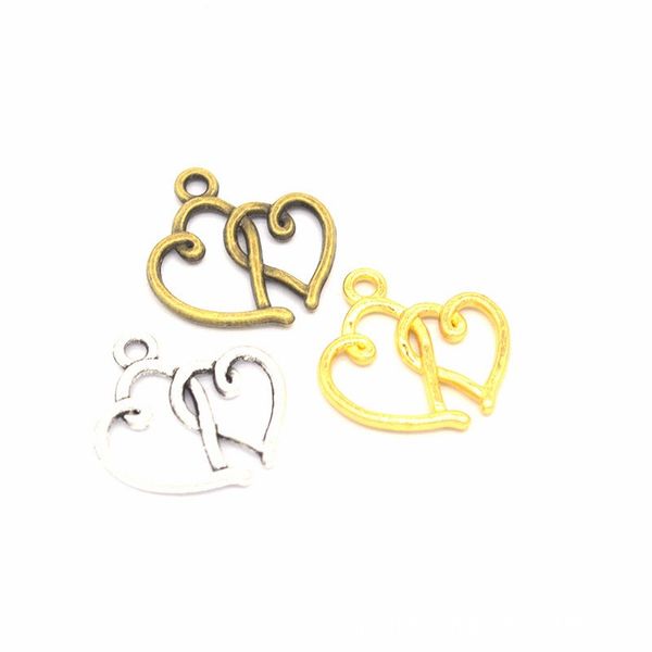 

wholesale 500 pieces /lot 19mmx20mm double heart charms pendant antique silver, antique bronze, silver gold colors