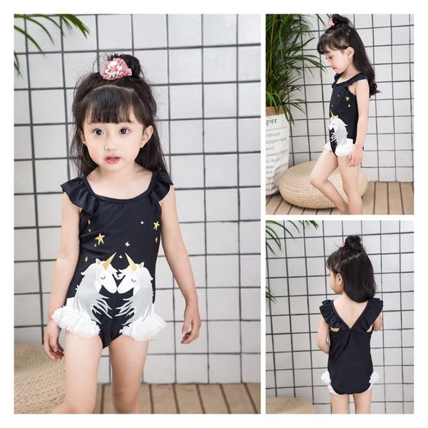 

2020 new children's black swimsuit female sunscreen bathing clothes baby unicorn printed one-piece swiming set for beach summer