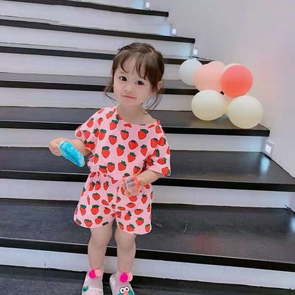 

summer sweet cute girl suit strawberry printed round neck short-sleeved shirt mini shorts two-piece girl clothes, White