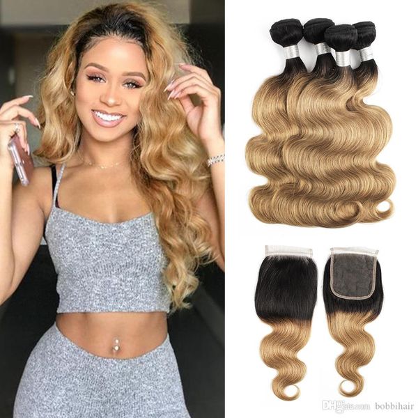 

1b/27 blonde ombre brazilian human hair weave bundles with lace closure 1b/30 2 tone body wave 3 bundles with closure remy hair extensions, Black;brown