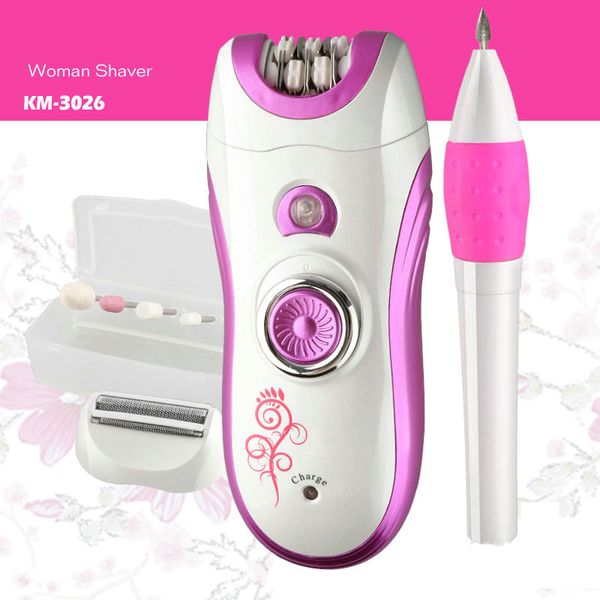 

kemei 3 in 1 rechargeable women hair shaver female epilator nail grinder polisher kit trimmer lady hair epilator km-3026
