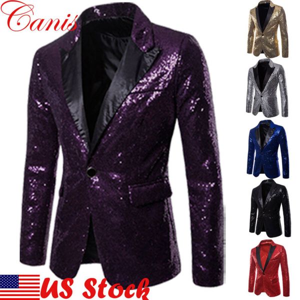 

men slim fit formal suit sequin blazer coat shining jacket one button stage performer formal host suit purple gold silver, White;black