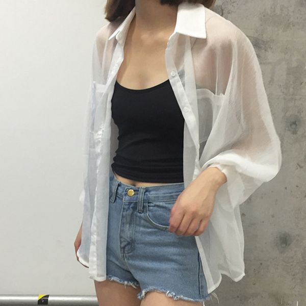 

women summer coat thin blouse long sleeve casual loose chiffon kimono cardigan blouse and sunscreen clothing, White
