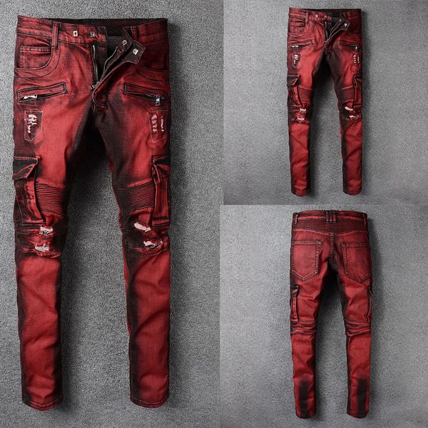 

italian style fashion skinny jeans stretch casual pants new designer classical jeans men red color men, Blue