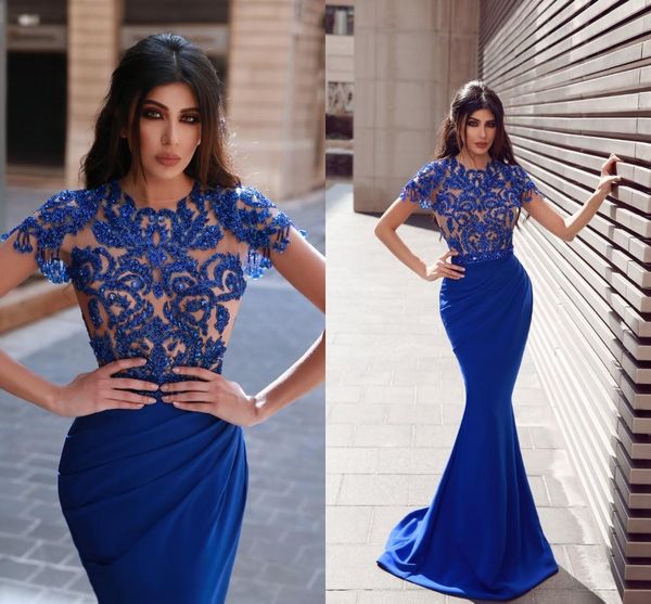 

2020 royal blue короткие рукава русалка пром платья sexy кружева аппликация арабский вечернее платье плюс размер формальная партии платье не, Black