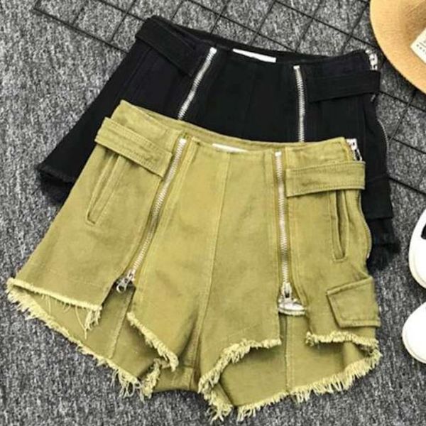 

2019 summer denim shorts new high waist double zipper split fashion women jeans shorts, White;black