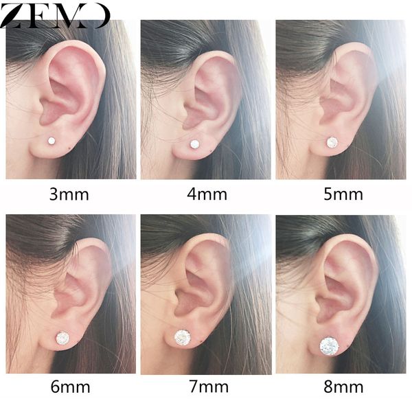 

zemo 6pair/lot 3-8mm 316l stainless steel crystal studs earrings set with big zirconia for women rhinestone rose gold ear studs, Golden;silver