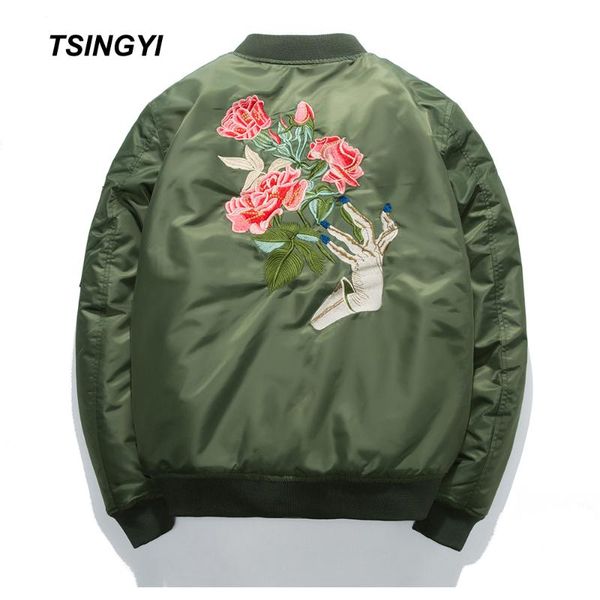 

tsingyi spring jacket men embroidery rose floral windbreaker bomber jacket stand collar veste militaire homme mens coat, Black;brown