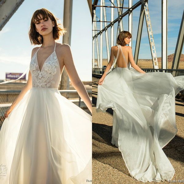 

floral 2019 halter beach wedding dresses appliques backless chiffon bridal gowns plus size bohemia wedding dress robe de mariÃ©e, White
