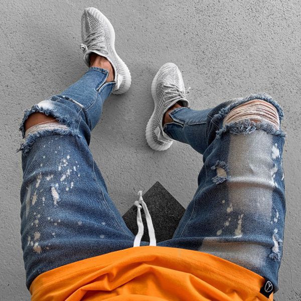 

модные рваные дыры high street дизайнерские джинсы мужские slim fit подросток мальчик хип-хоп рваные джинсы, Blue