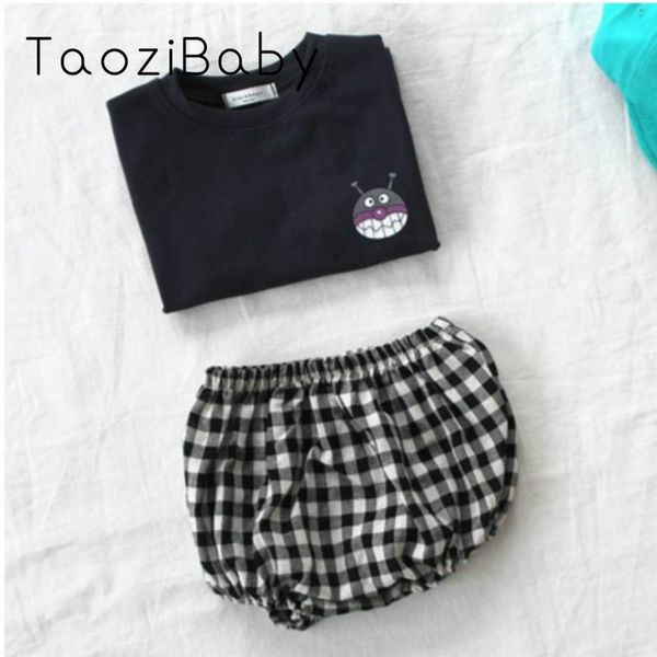 

маленькая девочка одежда 2020 лето детские шорты с коротким рукавом милый простой мультфильм тонкий хлопок с коротким рукавом клетчатые брюк, White