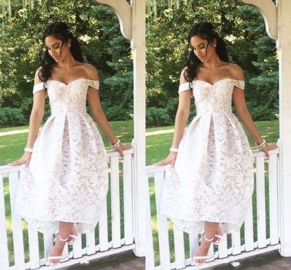 

off shoulder hi lo short wedding dresses beach lace backless draped country bridal gowns for guests wedding dress plus size 2019, White