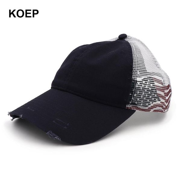 

koep fashion baseball cap snapback mesh back caps washed cotton hat screen printed american flag pahke, Black;white